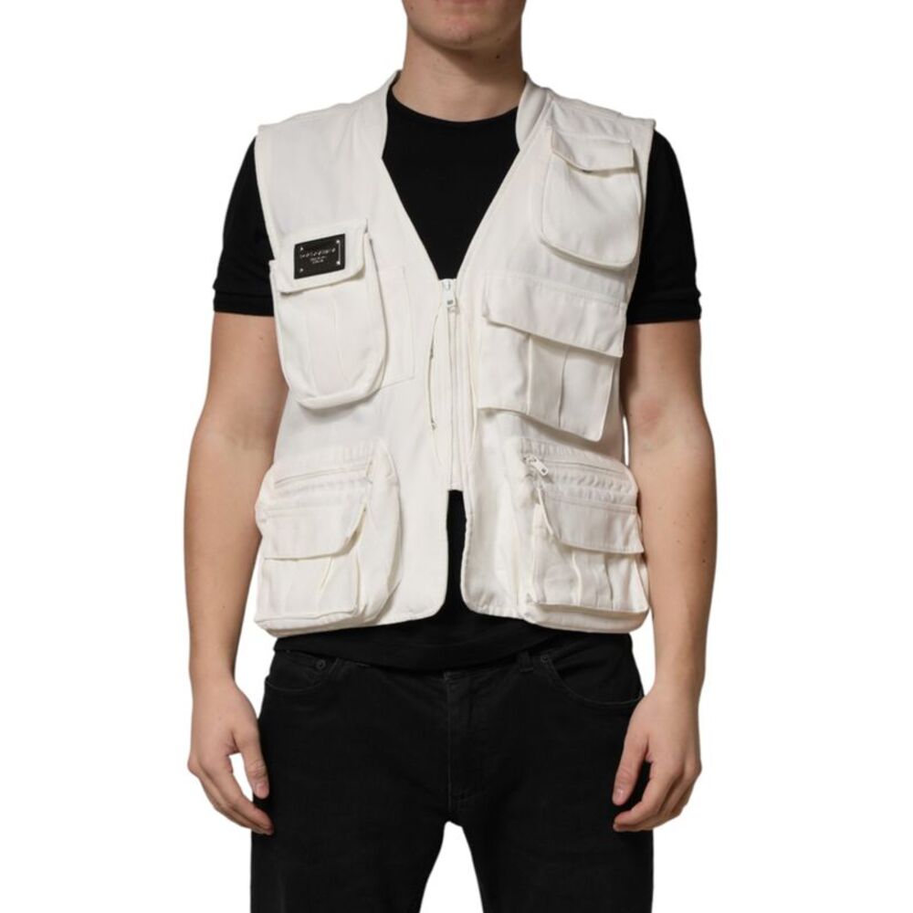 Dolce & Gabbana White Cotton Cargo Men Vest Coat Men's Jacket